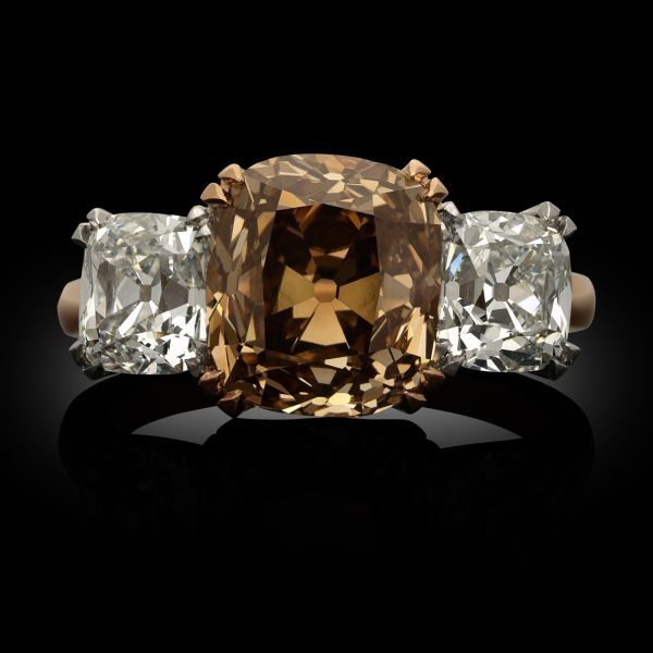 4.72ct Fancy Yellow-Brown Old Mine Cushion Cut Diamond Three Stone Ring
