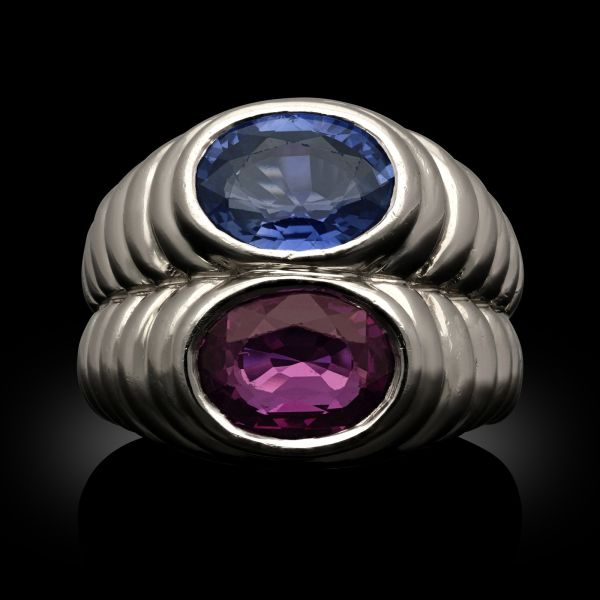 A Blue and Fancy Pink Sapphire and Platinum 'Doppio' Ring