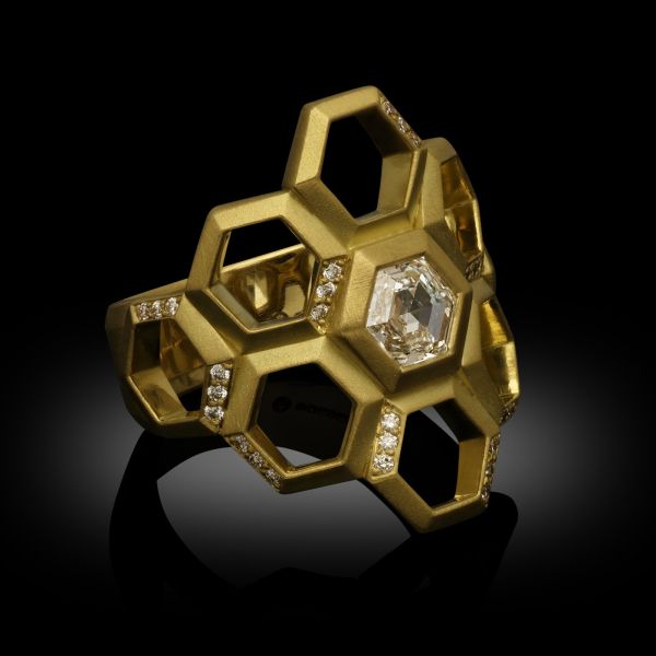 A Hexagonal Diamond and 18ct Yellow Gold 'Honeycomb' Ring