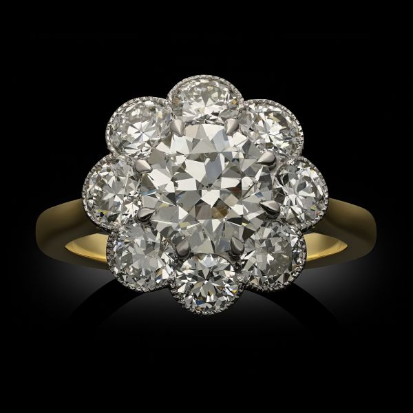 1.36ct Old European Cut Diamond Cluster Ring