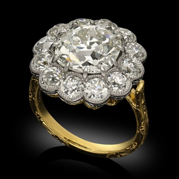 4.29ct Old Mine Cushion Cut Diamond & White Diamond Cluster Ring
