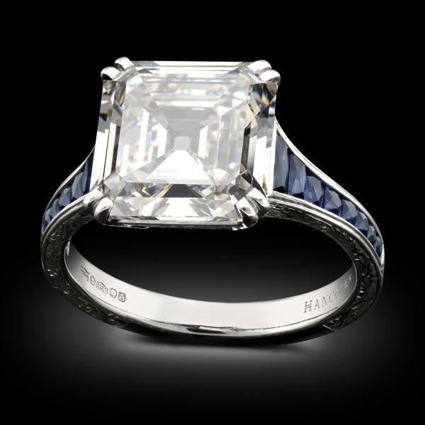 4.11ct Asscher Cut Diamond & Calibré Sapphire Ring 