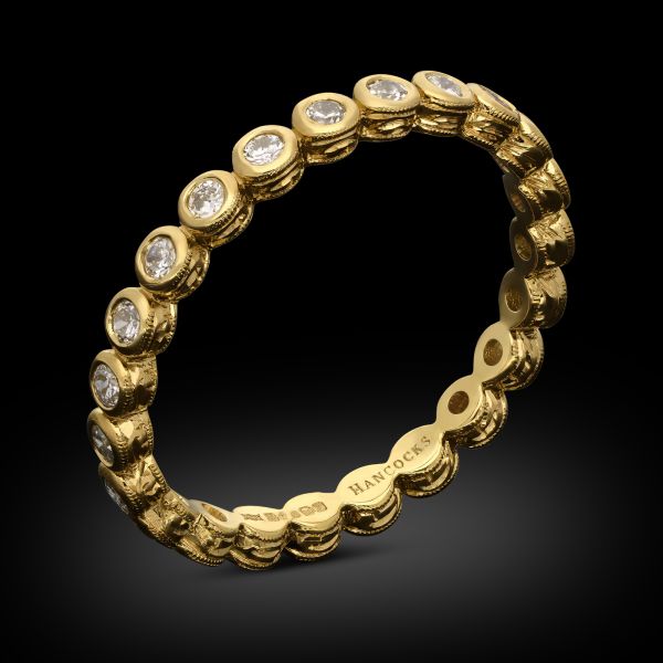 2.5mm Old European Cut Diamond and Engraved Yellow Gold Eternity Ring