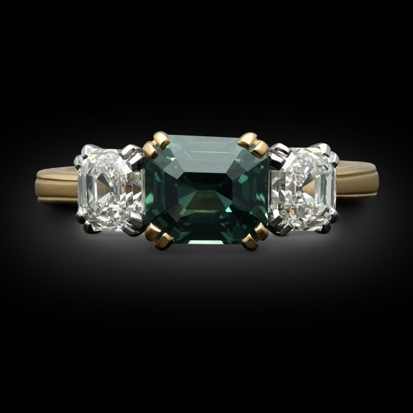 2.04ct East-West Teal Sapphire & Asscher Cut Diamond Three Stone Ring