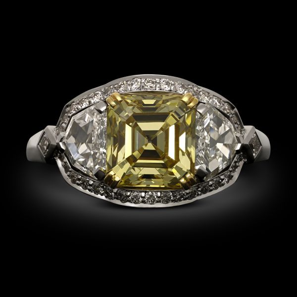 2.12ct Fancy Intense Yellow Asscher Cut Diamond Three Stone Ring