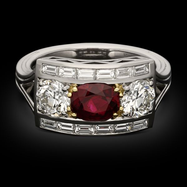 1.29ct Pigeon's Blood Ruby & Diamond Three Stone Ring