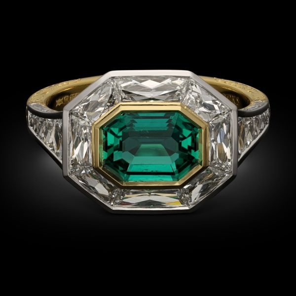 1.12ct Colombian Emerald & French Cut Diamond Halo Ring