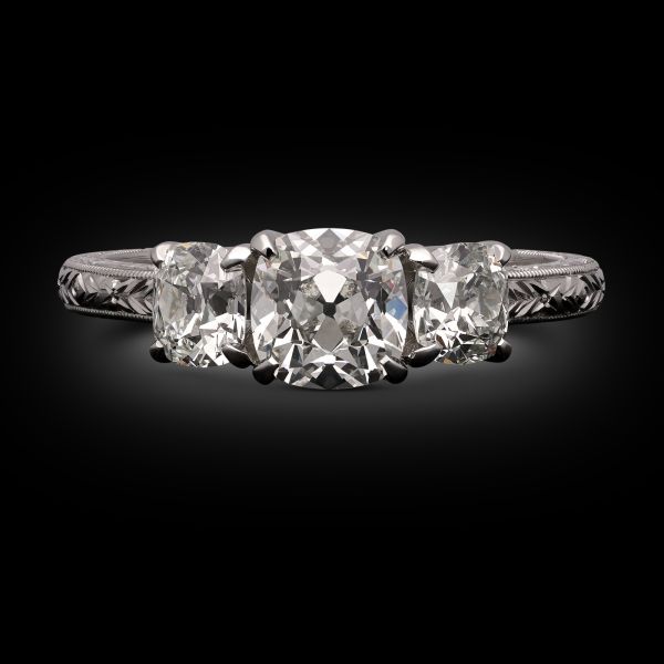 1.42ct Old Mine Cushion Diamond Three Stone Ring