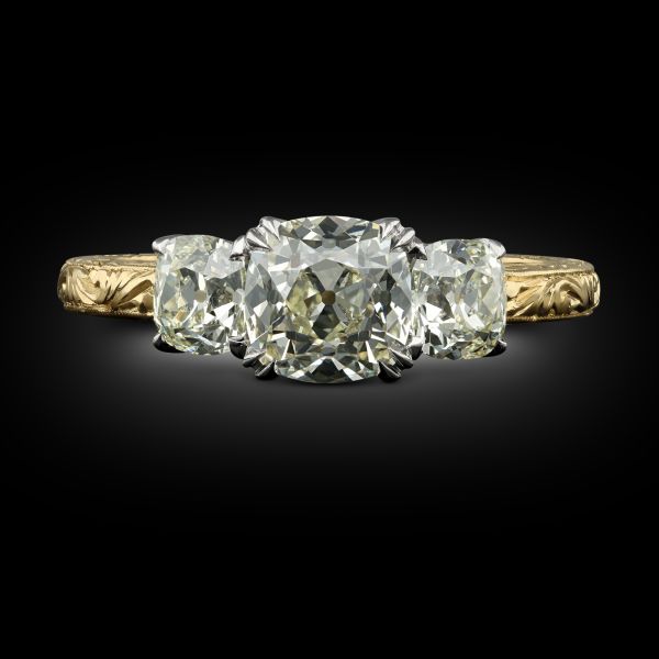1.60ct Old Mine Cushion Diamond Three Stone Ring