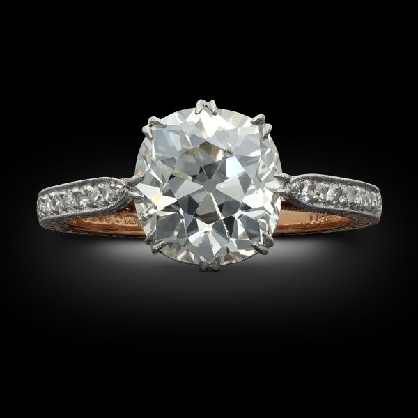 2.72ct Old Mine Cushion Cut Diamond Ring With Diamond Set Band