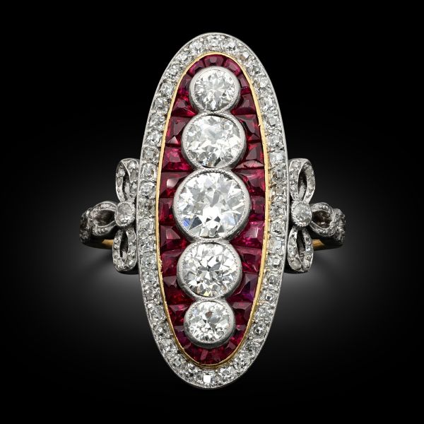 Edwardian Five Stone Diamond & Ruby Panel Ring 