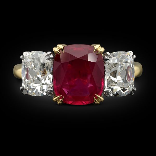 2.55ct Burmese Ruby & 2.04ct Old Mine Cut Diamond Three Stone Ring