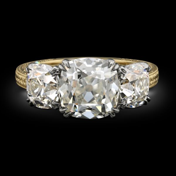 5.34ct Old Mine Cushion Cut Diamond Three Stone Ring