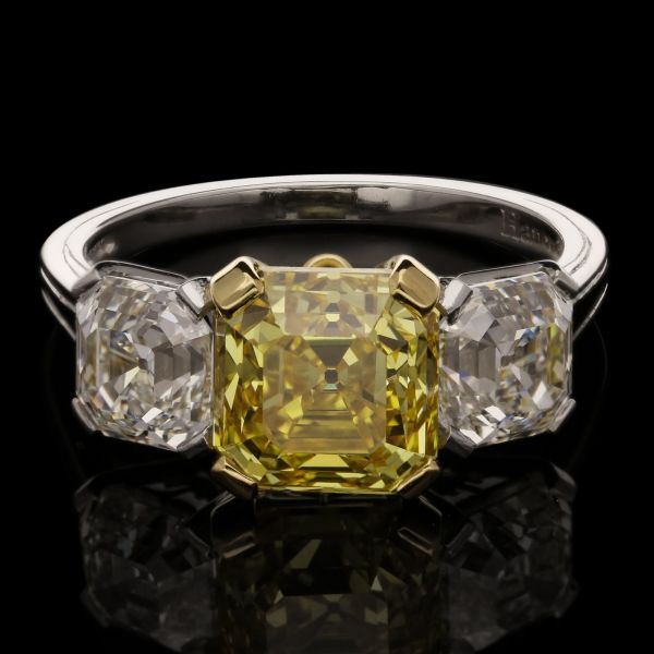 2.94ct Fancy Vivid Yellow Asscher Cut Diamond Three Stone Ring