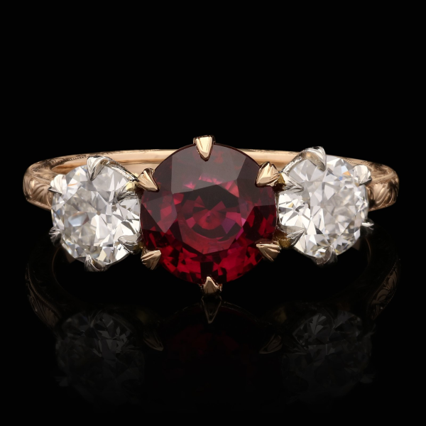 2.05ct Ruby and 1.02ct Old European Brilliant Diamond Three Stone Ring