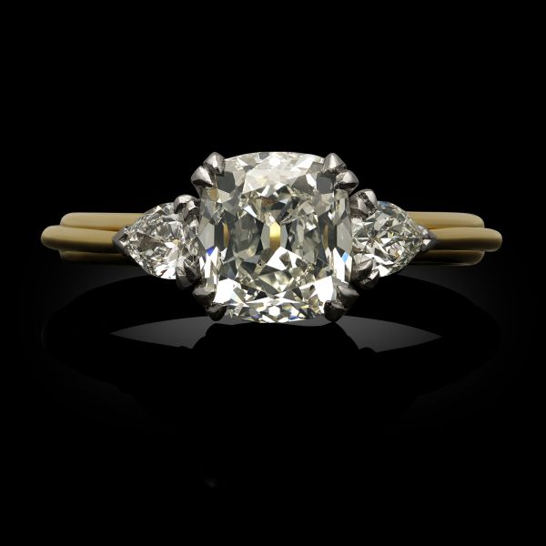 1.70ct Old Mine Cushion Cut Diamond Ring with Pear Shape Shoulders