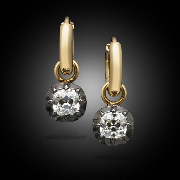 0.88ct Old Mine Cushion Cut Diamond Georgian Revival Diamond Earrings