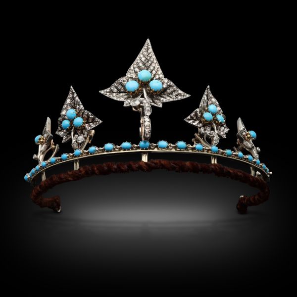 Victorian Diamond & Turquoise Ivy Leaf Convertible Tiara