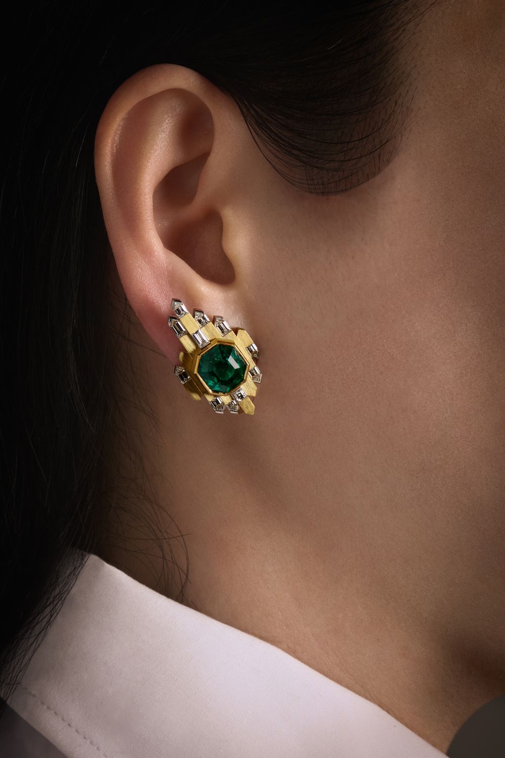 Vintage Asscher cut diamond and Colombian emerald earrings, worn