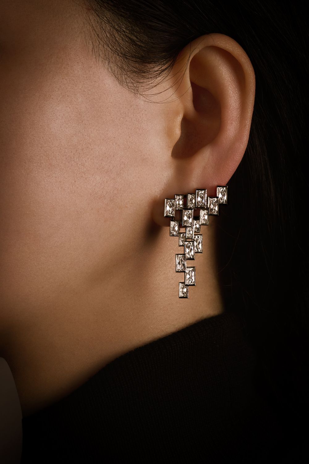 Convertible French cut diamond earrings, worn with drops